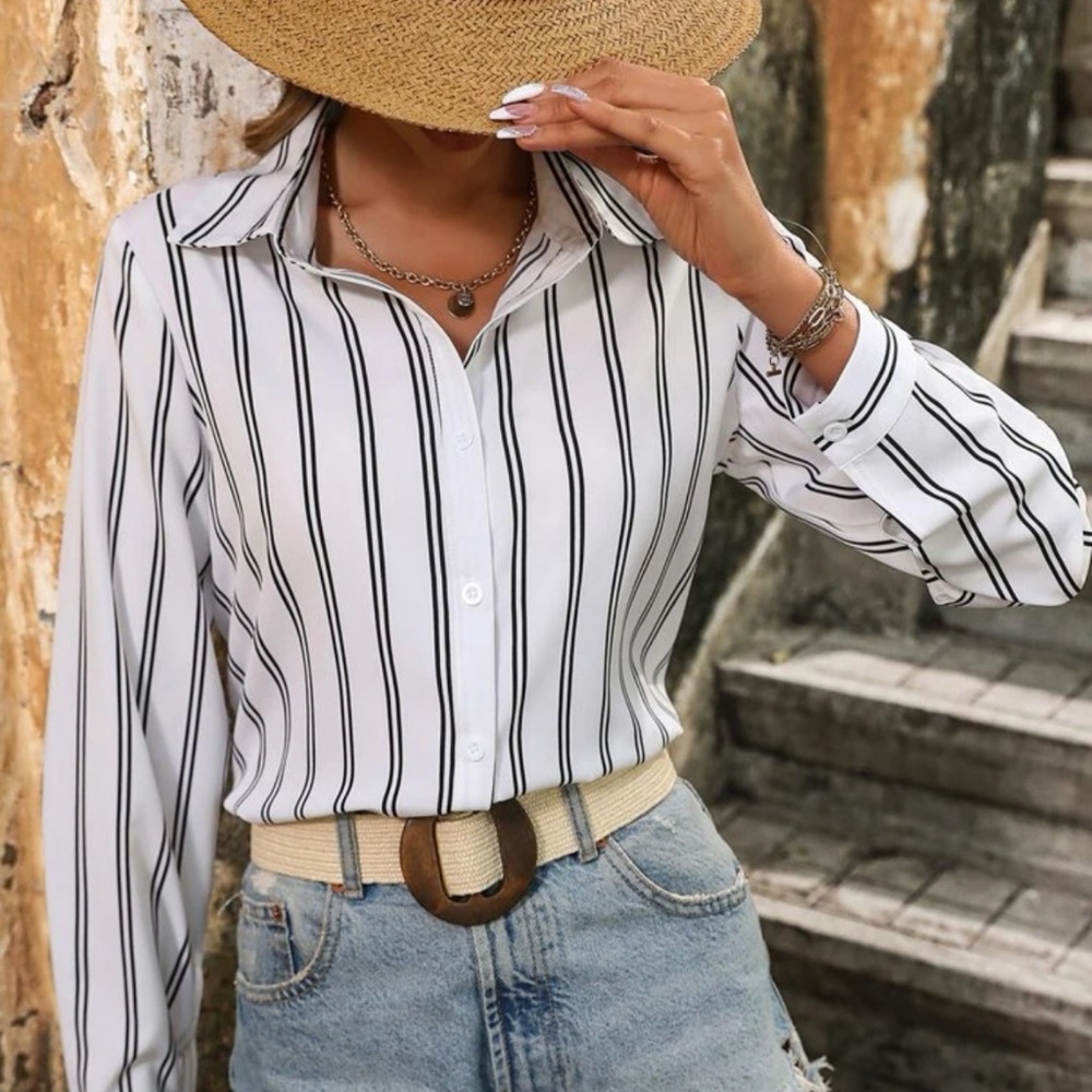 White Striped Shirt Button Up / Down Long Sleeve, Collar - Picture 2 of 8